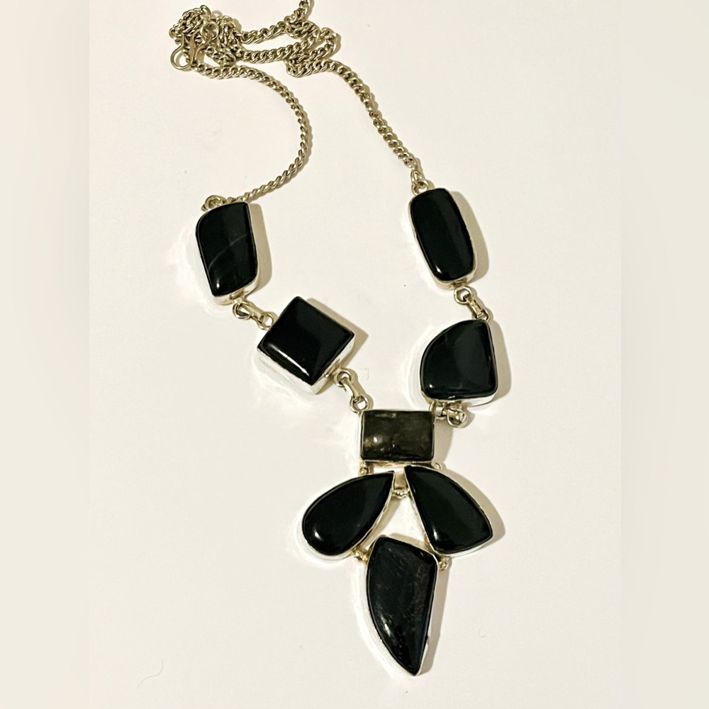 Vintage Artisan Statement Black Agate Stone set in 925 Silver Necklace
